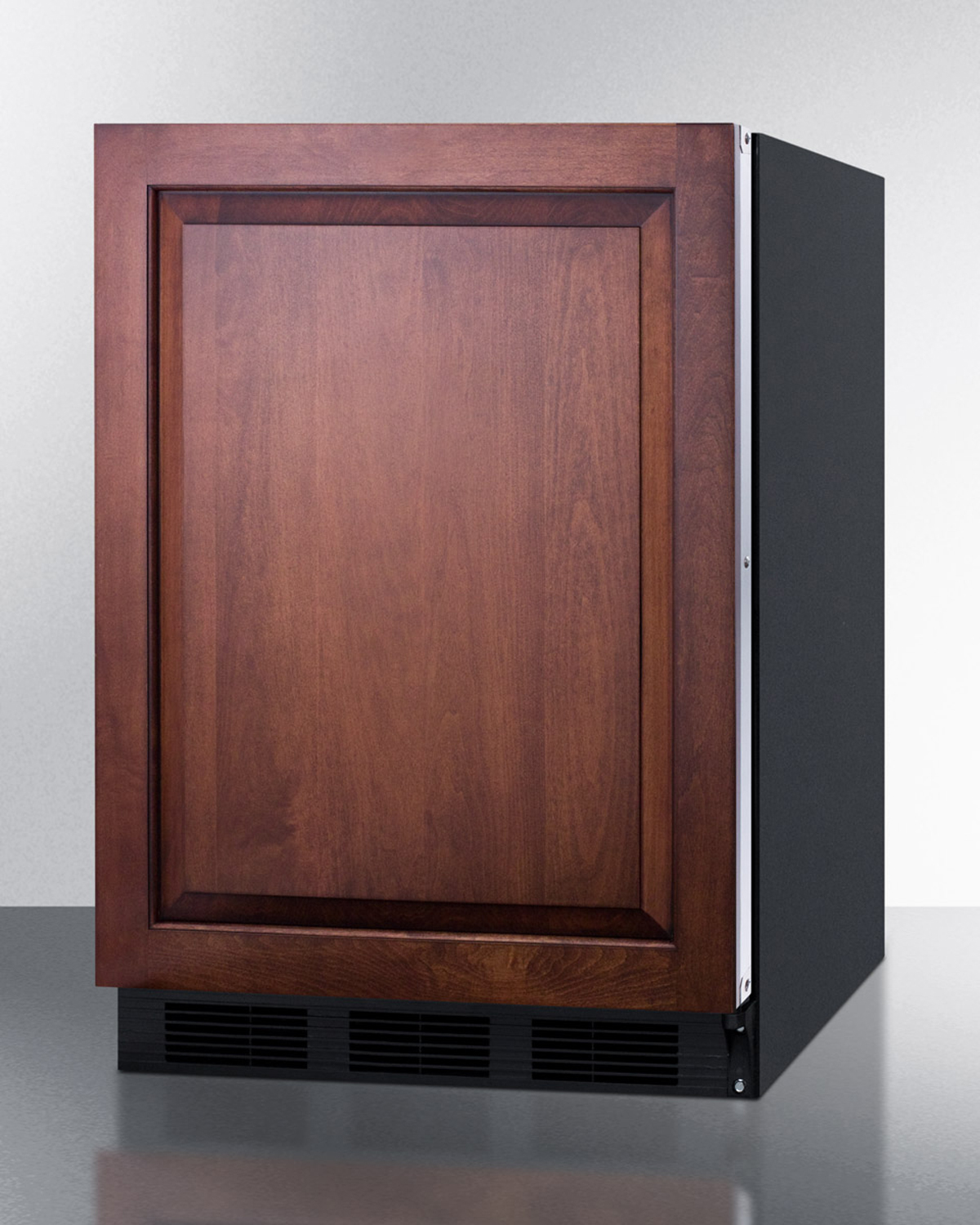 ADA compliant built-in undercounter all-refrigerator for general purpose use, auto defrost w/integrated door frame for custom overlay panels and black cabinet